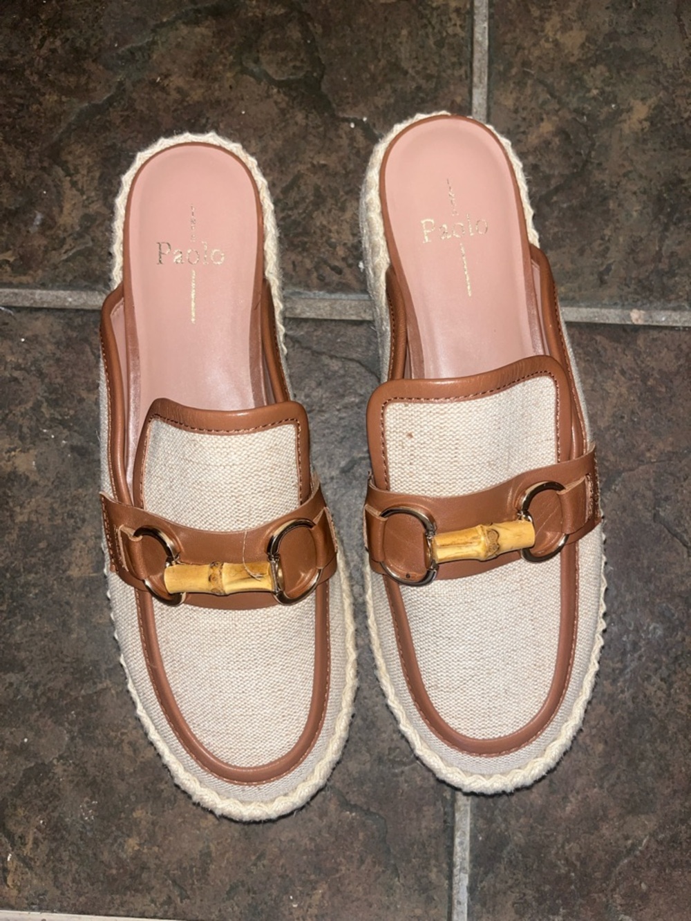 Paolo Natural Canvas & Tan Leather Espadrille Mule with Bamboo Bit